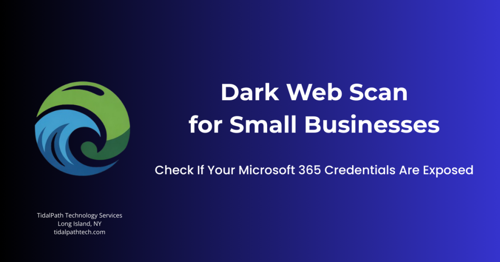 TidalPath logo with the text 'Dark Web Scan for Small Businesses' on a blue gradient background.